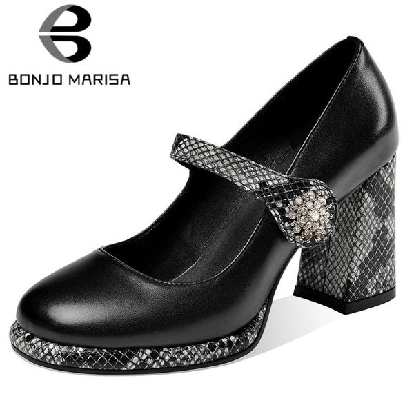 

dress shoes bonjomarisa brand fashion genuine leather pumps snake print platform women high heel office party woman, Black