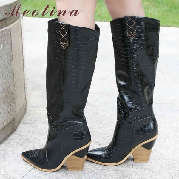 

winter embossed knee high boots women strange style heel western pointed toe tall shoes autumn gold size 3-12 210517, Black