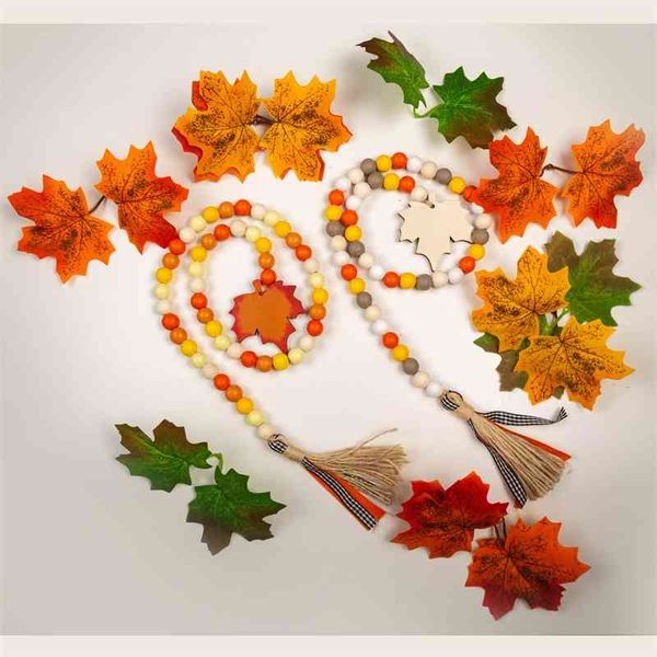 

DJ factory colorful wreath maple leaf wooden bead string hemp rope tassel home decoration 2021.7 new product