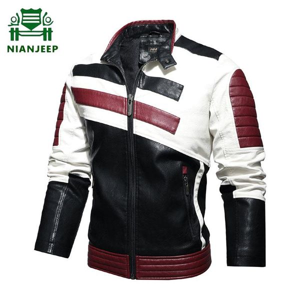 

men's fur & faux leather jackets men striped patchwork moto biker jacket coats male fleece warm stand collar pu fashion windbreaker, Black