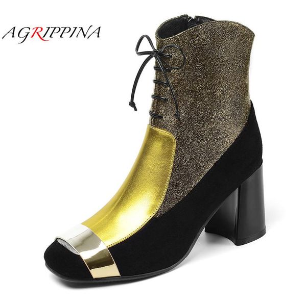 

boots woman ankle cow leather autumn winter short plush yellow square toe zip high heels female luxury party shoes 2021, Black