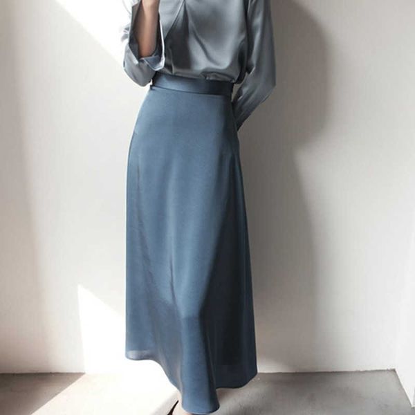 

korean silk skirts satin women high waist long elegant woman a-line solid midi faldas mujer moda 210604, Black