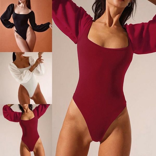 

women's jumpsuits & rompers women playsuit long puff sleeve stretch solid autumn slim fit jumpsuit romper skinny ladies backless string, Black;white