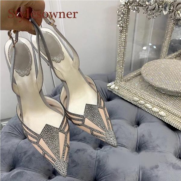 

leather pointed toe party shoes summer women's shiny crystal mesh stitching high heel sandals dress, Black