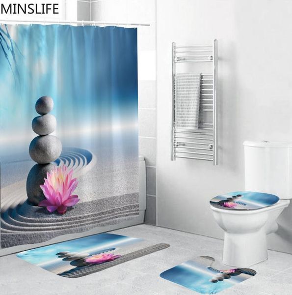 

beach scenery shower curtain bathroom curtains set zen stone printed pedestal rug toilet lid cover carpet bath mats