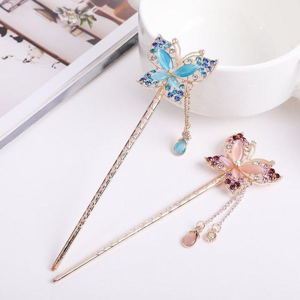 

hair clips & barrettes vintage rhinestone flower butterfly sticks women fashion metal chain tassel step shake hairpin lolita cosplay, Golden;silver