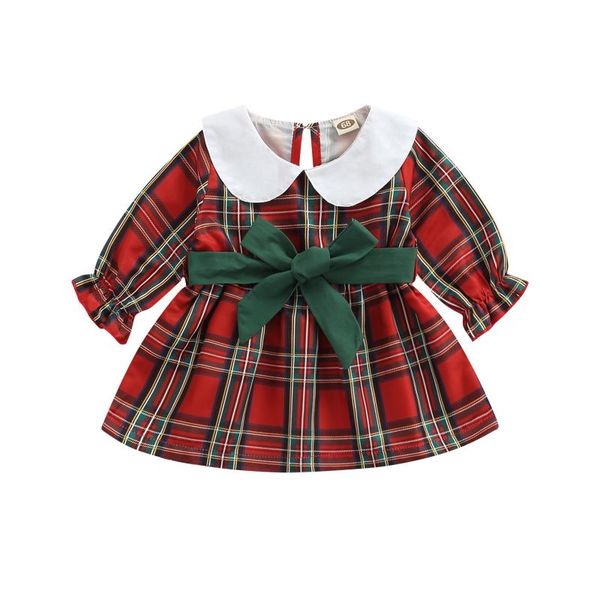 Mädchen Kleider Imcute Weihnachten Kleinkind Baby Mädchen Plaid Kleid Taille Schleife Kontrast Revers Kragen Rüschen Manschette Herbst Langarm Hemd Rock 0-3 Jahre