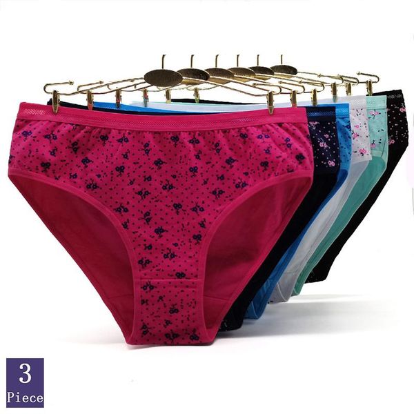 

women's panties cotton soft comfortable large size 2xl-4xl girl briefs fashion beautiful lady lingerie mid waist printing style 3pcs/se, Black;pink