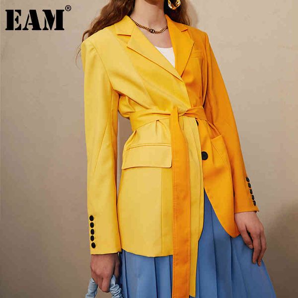 

[eam] women yellow pocket sashes spliced blazer lapel long sleeve loose fit jacket fashion spring autumn 1dd6178 21512, White;black
