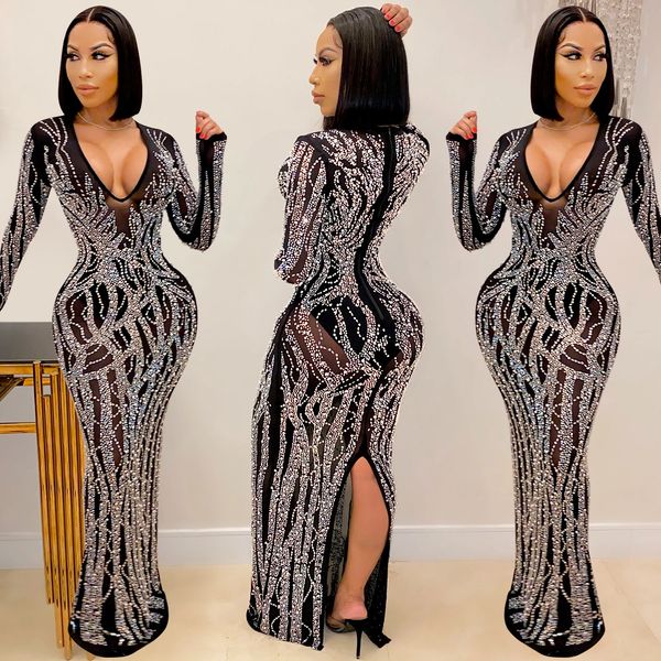 

kalenmos new nightclub dresses women diamond v-ne long-sleeved see-through mesh shiny womens party floor dress woman, Red