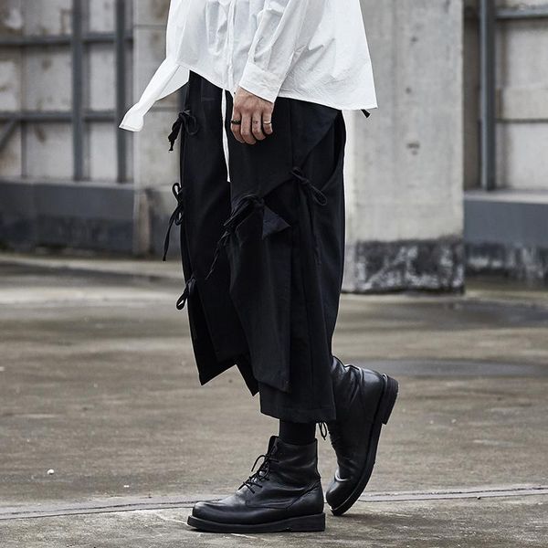 

men's pants men punk harem trousers ribbon splice loose casual black wide leg pan male japan streetwear hip hop gothic kimono skirt pan
