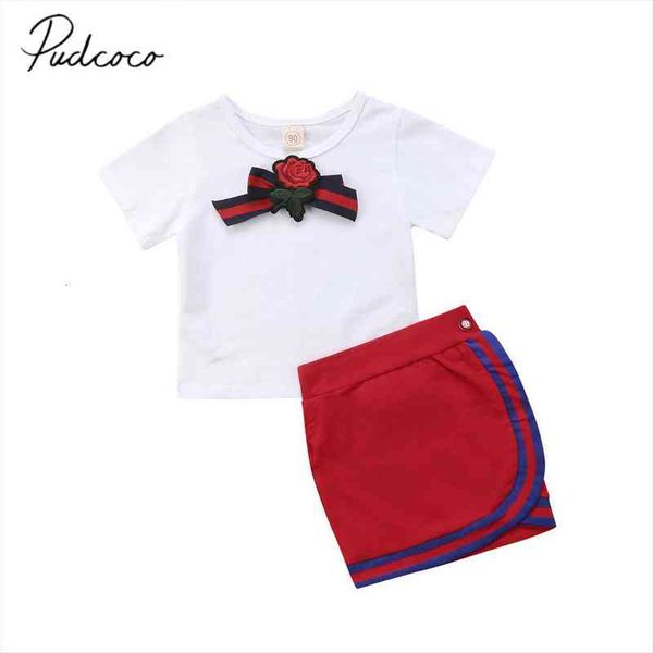 

brand 1-5y summer toddler baby girl clothes sets floral embroidery white cotton t-shirts red mini pencil skirts