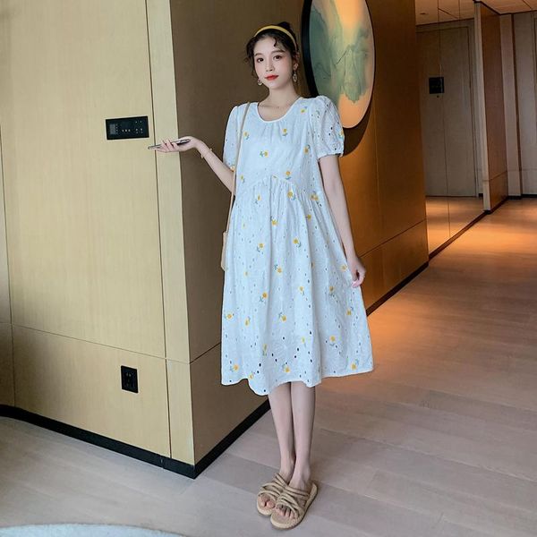 

summer short-sleeved fashion embroidery loose pregnant women dress o-neck puff sleeve maternity cotton a-line dresses, White