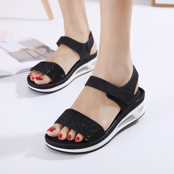 

summer women's sports sandals rhinestone wedge air cushion soft bottom stitching casual ladies beach, Black