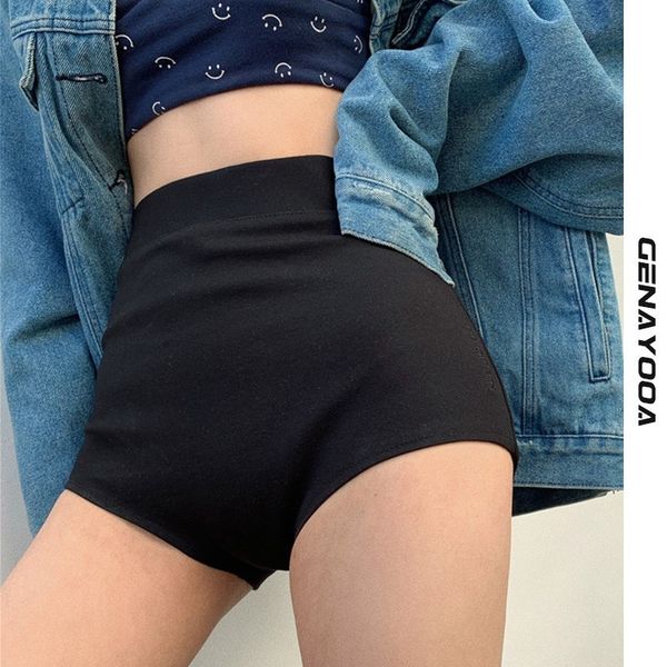 

genayooa slim waist streetwear for ladies women summer black high elastic shorts feminino 210417, White;black