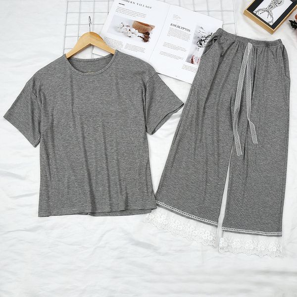 

women's sleepwear loose pajamas women summer short-sleeved outer wear pyjama set net red lace cuffs modal home clothes spring autumn pi, Black;red