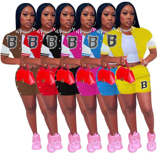 

bulk wholesale baseball uniform women tracksuits short sleeve jacket shorts 2 piece sets panelled crop short pants sports suits 6970, Gray