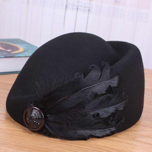 

feather beret autumn and winter korean fashion hat female british woolen stewardess hat, Blue;gray