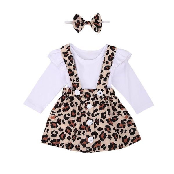 

clothing sets born baby girl clothes long sleeve solid romper leopard print suspenders button short skirt headband outfits 3pcs, White