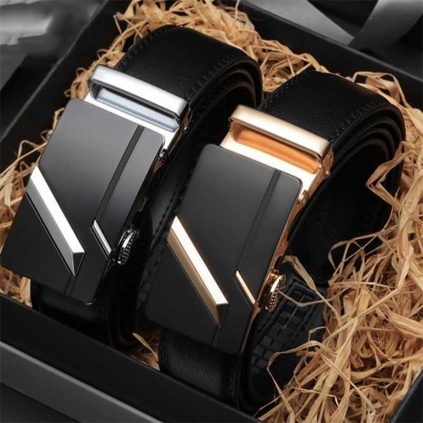 

famous brand belt men genuine luxury design leather belts strap male metal automatic buckle cinturones para hombre 220210, Black;brown