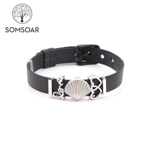 

tennis drop somsoar jewelry oceanholic set black soulma mesh stainless steel bracelet with seashell slide charms as gift, Golden;silver