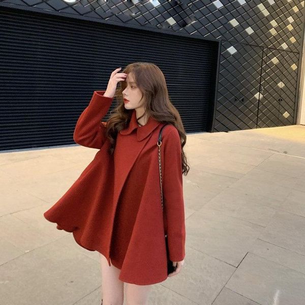 

women's wool & blends 2021 autumn winter ladies cape woolen coat large size loose red black overcoat women jacket e316