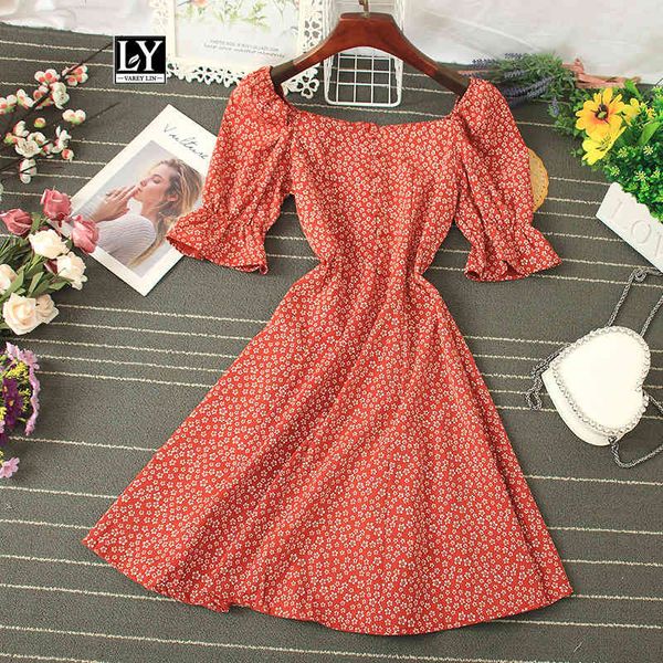 

dresses women summer square collar flare sleeve vintage dress button floral print high waist knee-length dresses, Black;gray