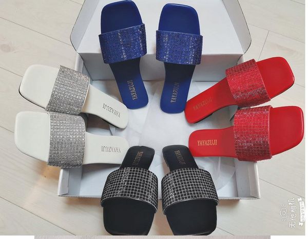 

women summer water drill square head fashion crystal flat slippers street wear cool sandals, Black