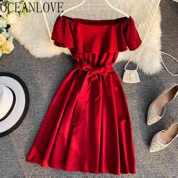 

solid elegant off shoulder dress women spring summer ruffles vestidos beach style korean midi dresses 13959 210415, Black;gray