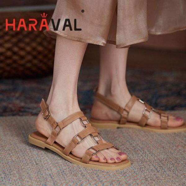 

women sandals shoes genuine leather basic low heels buckle strap metal decoration concise brown black white b116