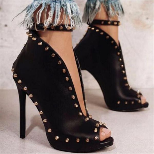 

dress shoes europe street beat rivet fish mouth high-heeled catwalk rome ankle buckle strap pu heel 12cm woman pumps, Black