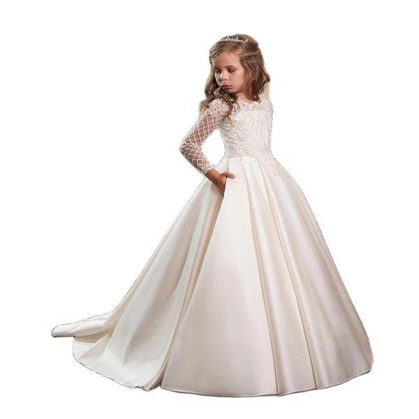 

girl's dresses white flower girl for weddings banquet dress beaded birthday first communion petals long sleeves ball gown, Red;yellow