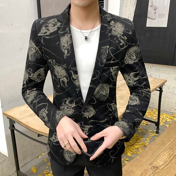 

luxury vintage print men blazers spring autumn casual business dress coat single button social wedding suit jacket veste homme 210527, White;black