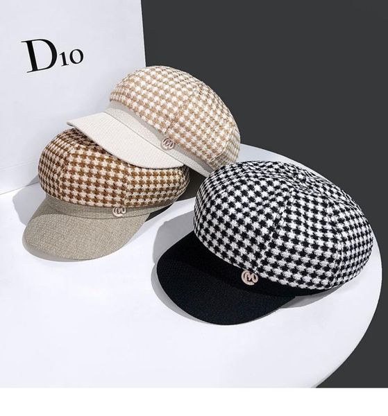 

berets autumn and winter hat thousands of birds beret tweed leather brim navy flat complex versitile fashion, Blue;gray