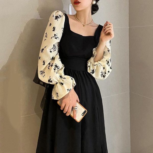 

casual dresses nomikuma patchwork floral printed dress women slim waist square collar split design long sleeve korean fashion vestidos, Black;gray
