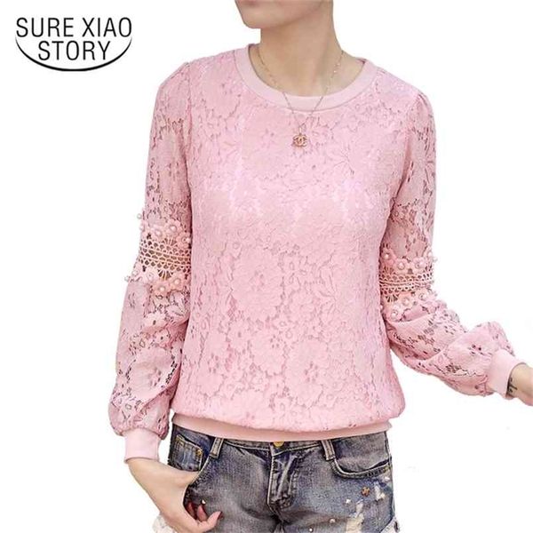 

lace hook flower women blouse shirt slim long sleeve 's clothing o-neck hollow out lace blusas d249 30 210506, White