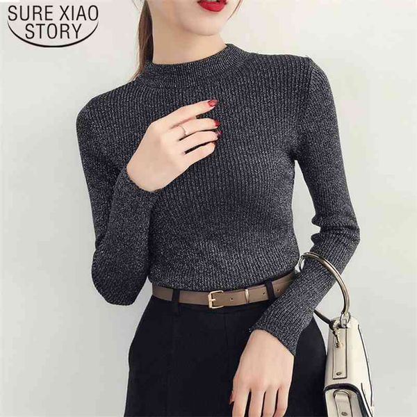 

spring winter long sleeve sweater women shiny pullover basic femme turtleneck korean style knit 5042 210510, White;black