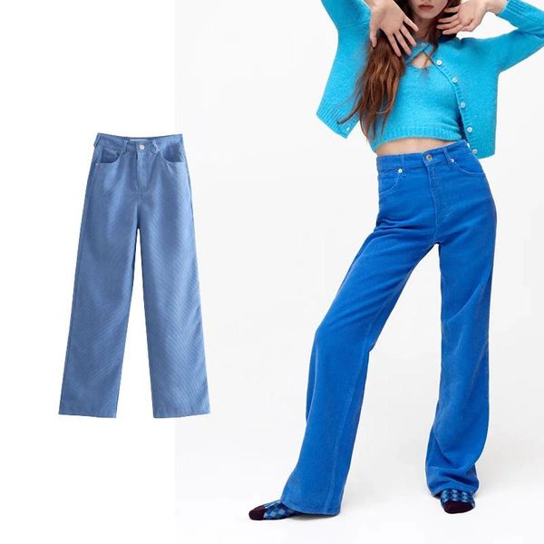 

women's pants & capris traf za 2021 women autumn corduroy high waist wide legs for casual streetwear style solid color trousers, Black;white