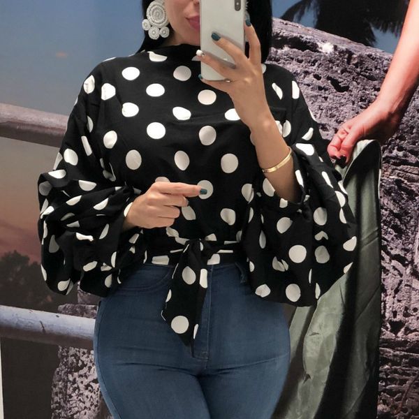 

women polka dot blouses black sashes long puff sleeves white red plus size xxxl ladies fashion casual spring summer bluas 210416