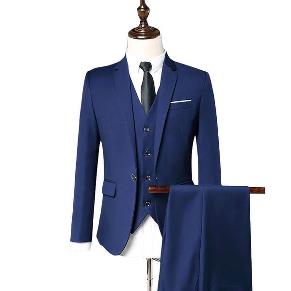 Saf renkli erkekler resmi takım elbise 3 adet set asya boyutu s m l xxxl ceket pantolon ve yelek ince tasarım düğün takım elbise erkek blazers