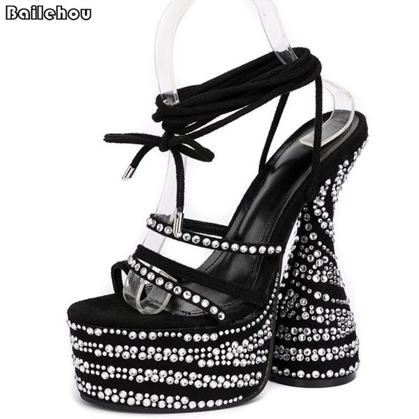 

dress shoes big size woman pumps female sandals 2022 spring 16 cm high heels rubber platform rhinestones cross-tied high-heeled, Black