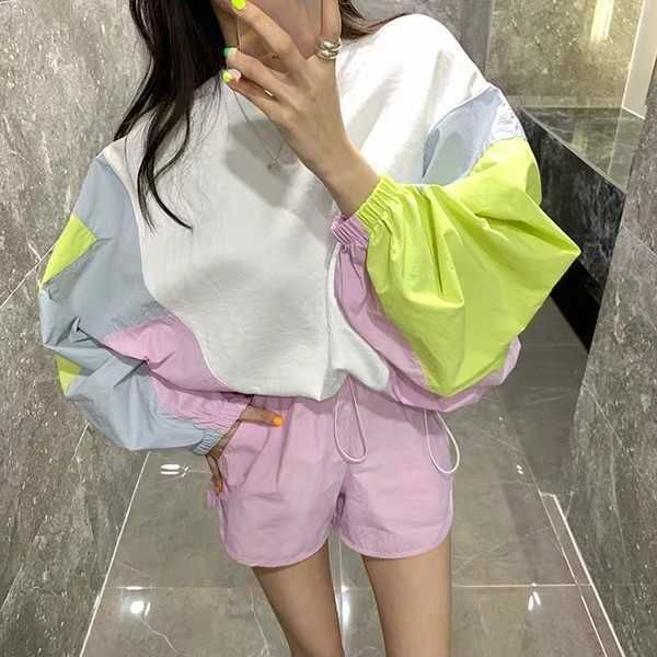 

korea fashion hit color batwing long sleeve loose pullover + casual short pants 2 piece set women set 210526, White