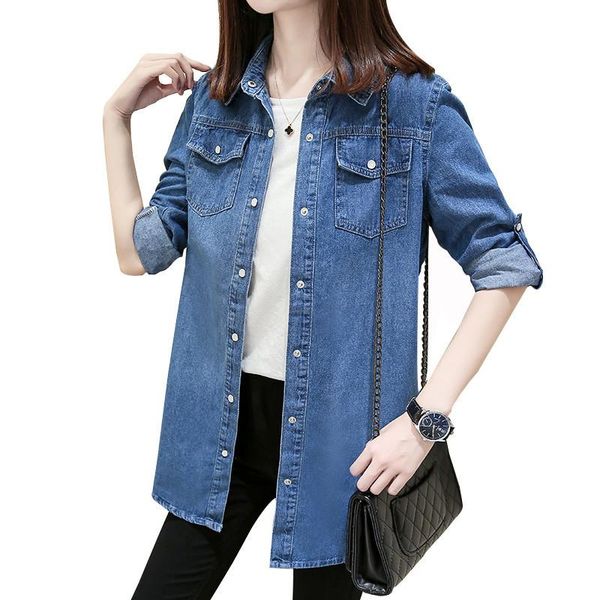 

women's blouses & shirts denim blue blouse 2021 elegant shirt long sleeve female mid-length loose cotton plus size wild coat, White