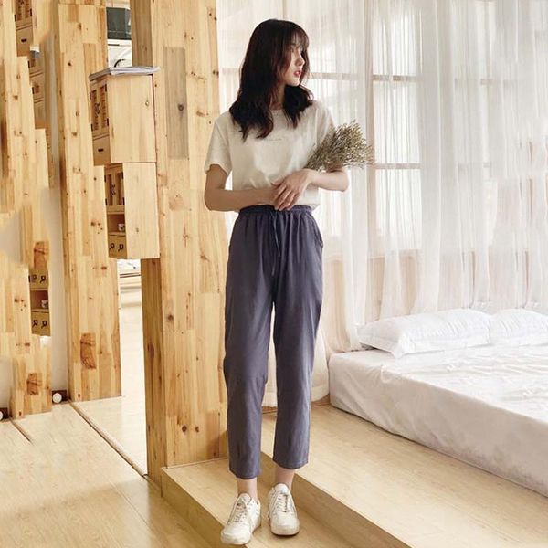 

women's pants & capris 2021 summer harem high waist white korean trousers women black loose cotton woman sweat wide trouser, Black;white