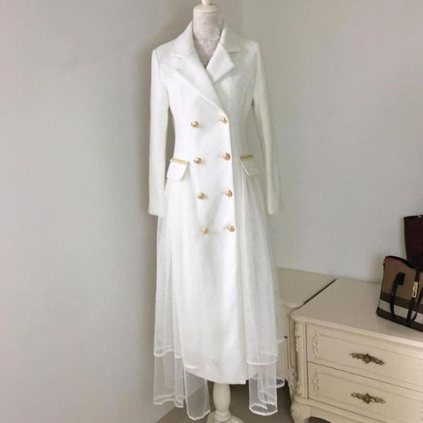 

women's wool & blends 2021 women fashion slim woolen coat stitching mesh beading winter metal double breasted overcoat, Black