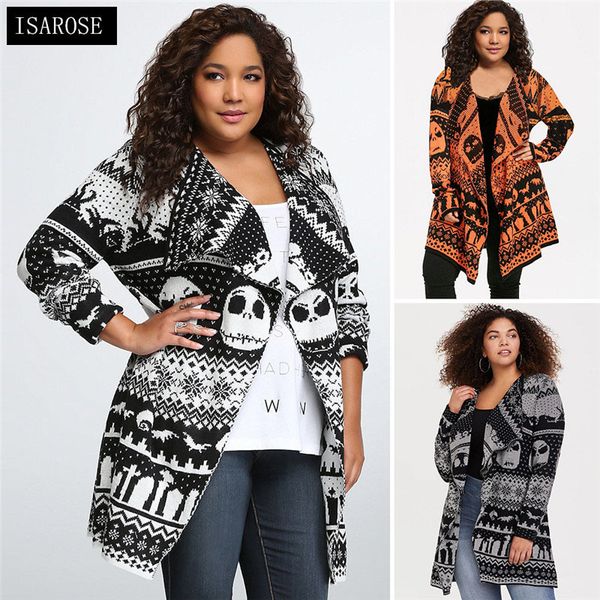 

isarose women sweater cardigan autumn knitted skull turn-down collar plus size cardigans coat hip reach long sleeve outerwear 210422, White;black