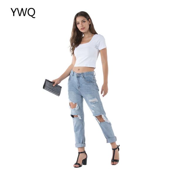 

blue jeans for women high waisted quality knee ripped streerwear vintage hole jean trousers women's