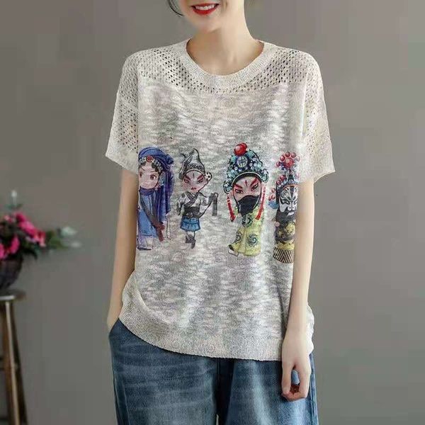 

women's t-shirt 2021 arrival summer arts style women loose casual short sleeve o-neck t shirt cotton knitted vintga print t-shirt w327, White