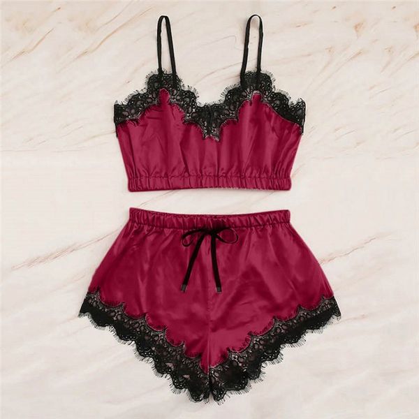 

women sleepwear underwear satin lace crop and shorts nightwear suit, Black;red
