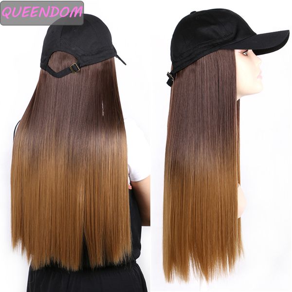 

ombre long synthetic baseball cap hair wig for girl natural black/brown straight hair wig naturally connect hat wigs adjustable